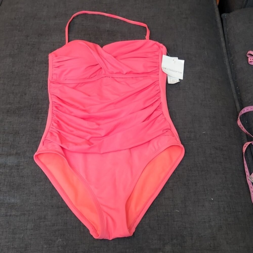 NWT Liz Claiborne Red One-Piece Swim Suit W/ Flattering Rouching Sz6